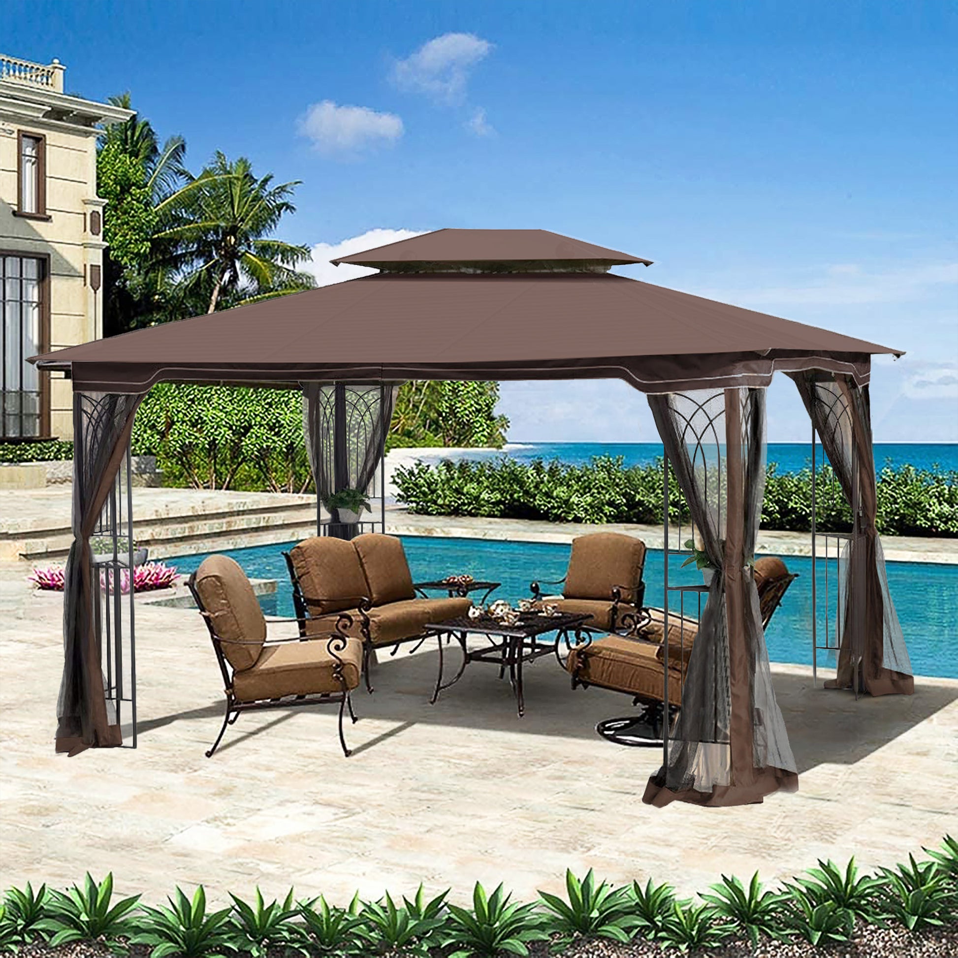 13x10 Brown Metal Patio Gazebo - Outdoor Shade Tent