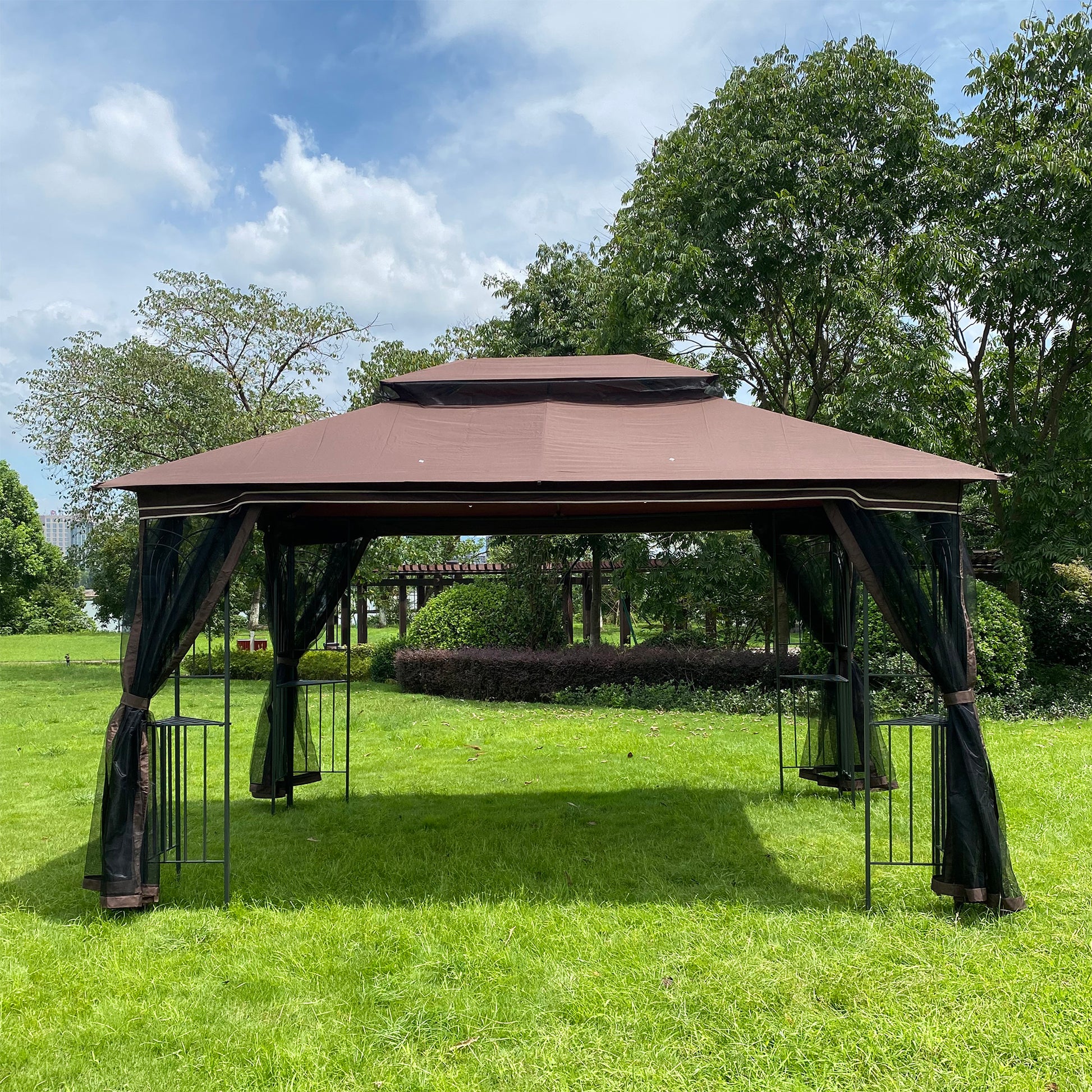 13x10 Brown Metal Patio Gazebo - Outdoor Shade Tent