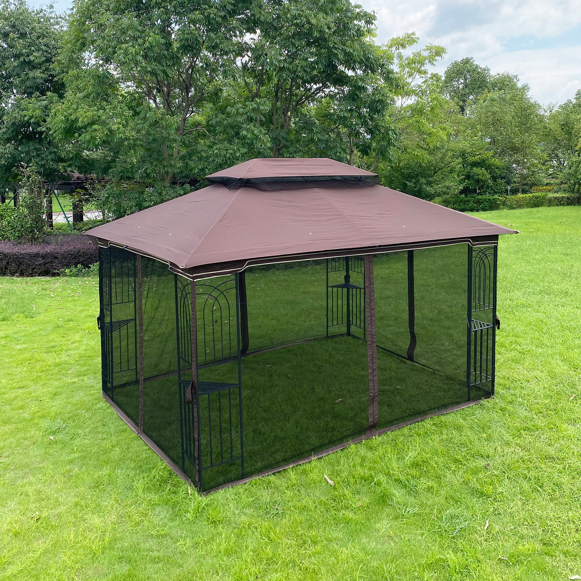 13x10 Brown Metal Patio Gazebo - Outdoor Shade Tent