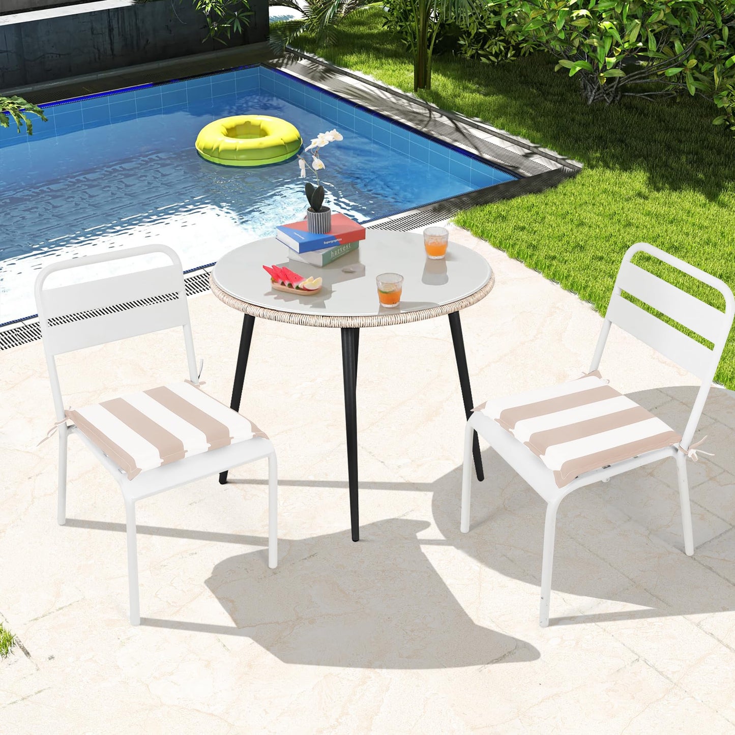 Khaki White Striped Patio Seat Cushions - 4 Piece Set
