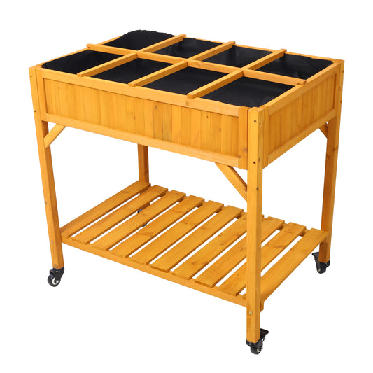 Elevated 8 Pocket Herb Garden Bed, Mobile Raised Customizable Wood Planter for Herbs, Vegetables, Flowers w/ Lockable Wheels, Storage Shelf, Drainage Holes