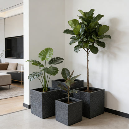 Large Outdoor Indoor Planter, 16.9"+14.37"+11.6" +9.25''Dia Square Magnesium Oxide Planter Set of 4, Flower Pots with Drainage Holes,  Modern Design, Grey Color Planter for Home Garden Patio
