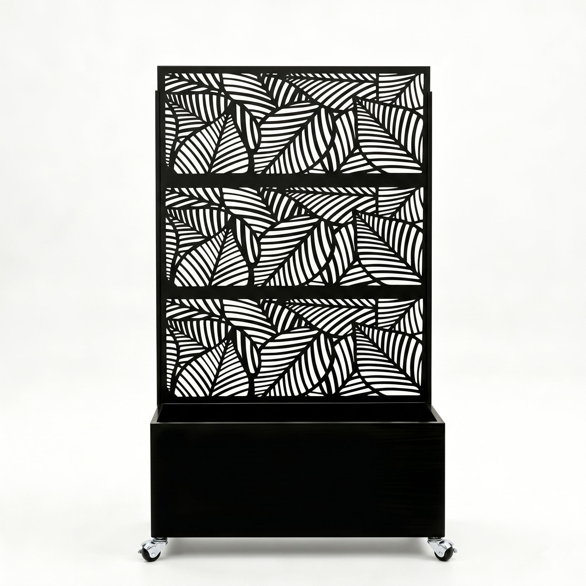 70.87" H × 46.06" W Leaf Pattern Privacy Screen with Planter Box, Black Metal Freestanding Decorative Fence Planter for Patio Balcony Backyard