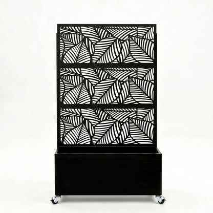 70.87" H × 46.06" W Leaf Pattern Privacy Screen with Planter Box, Black Metal Freestanding Decorative Fence Planter for Patio Balcony Backyard