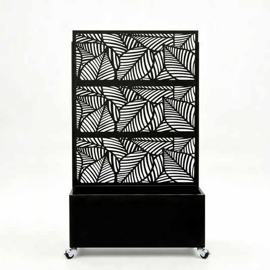 70.87" H × 46.06" W Leaf Pattern Privacy Screen with Planter Box, Black Metal Freestanding Decorative Fence Planter for Patio Balcony Backyard