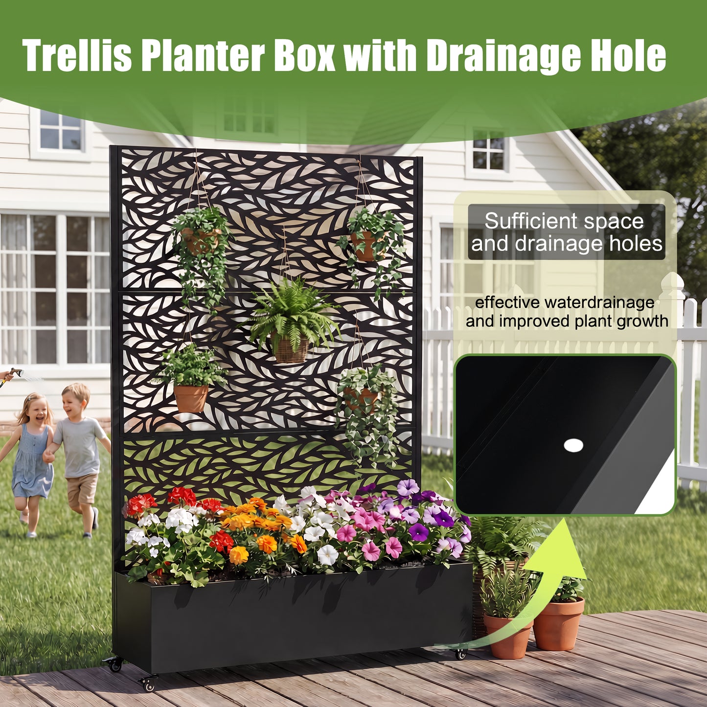 Black Metal Raised Garden Bed with Wheels for Outdoor Gardening
