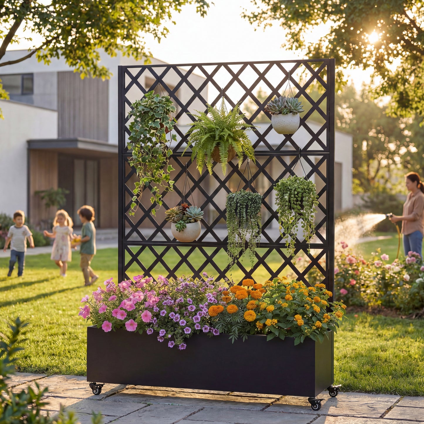 Metal Raised Garden Bed with Wheels and Trellis,73"x47"x16" Planter Box for Climbing Plants, Vegetables & Vines, Features Privacy Screen and Drainage Holes