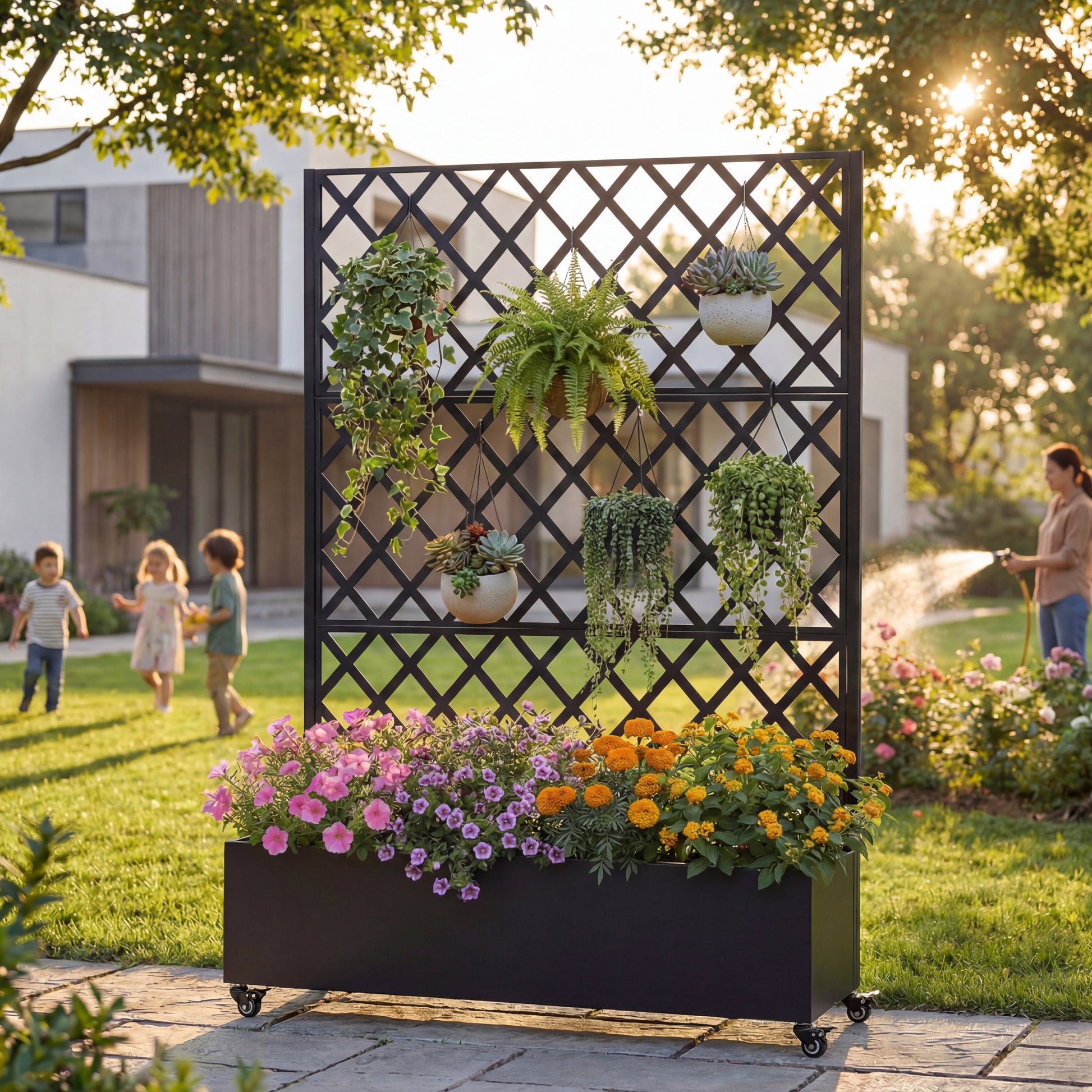 Metal Raised Garden Bed with Wheels and Trellis,73"x47"x16" Planter Box for Climbing Plants, Vegetables & Vines, Features Privacy Screen and Drainage Holes