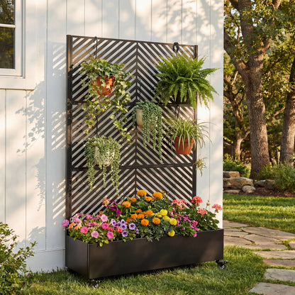 Metal Raised Garden Bed with Wheels and Trellis,73"x47"x16" Planter Box for Climbing Plants, Vegetables & Vines, Features Privacy Screen and Drainage Holes