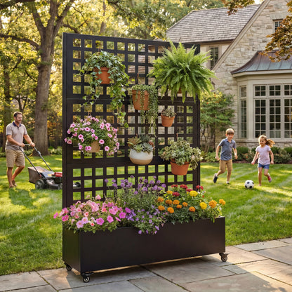 Metal Raised Garden Bed with Wheels and Trellis,73"x47"x16" Planter Box for Climbing Plants, Vegetables & Vines, Features Privacy Screen and Drainage Holes