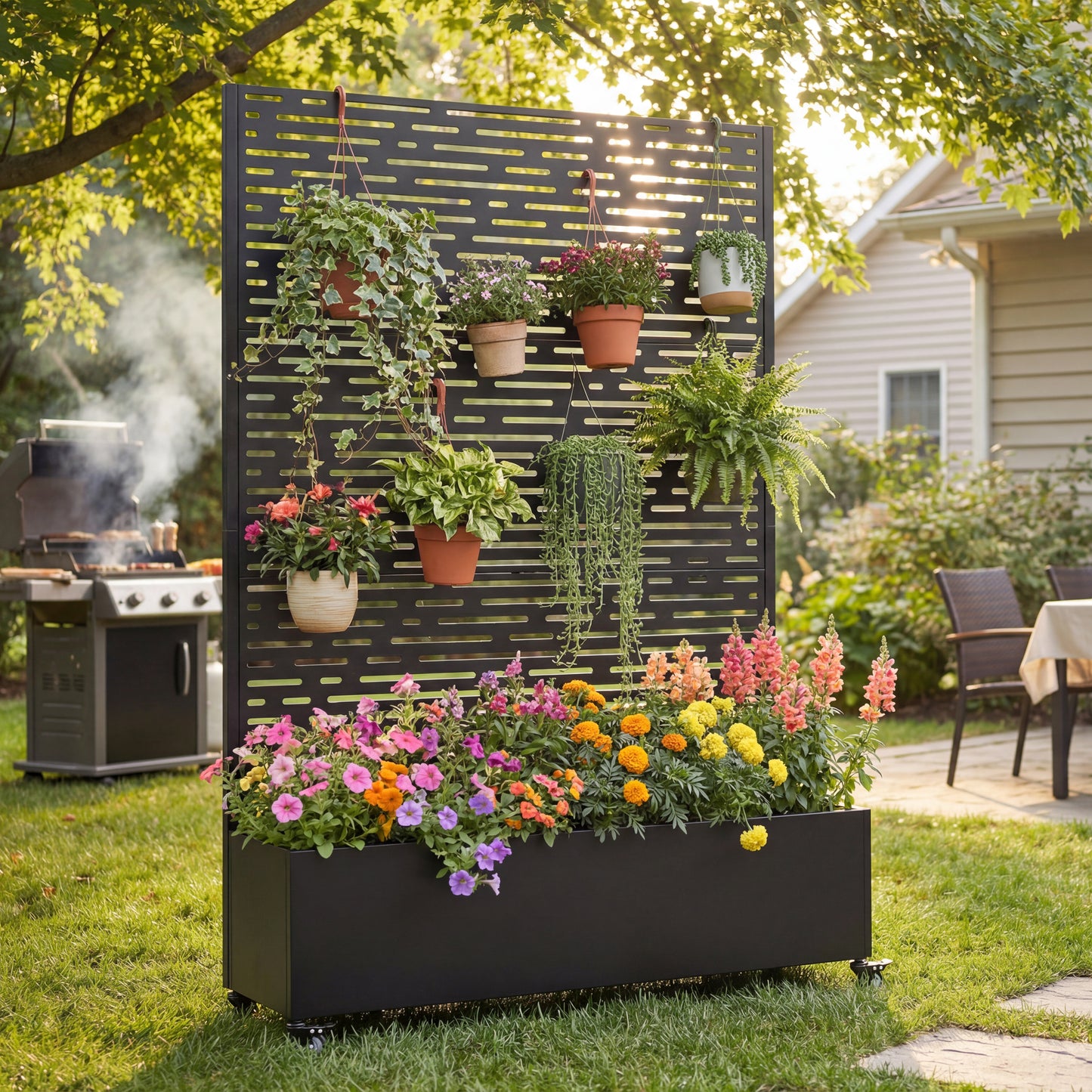 Black Metal Raised Garden Bed with Trellis and Wheels for Patio