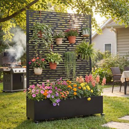 Black Metal Raised Garden Bed with Trellis and Wheels for Patio