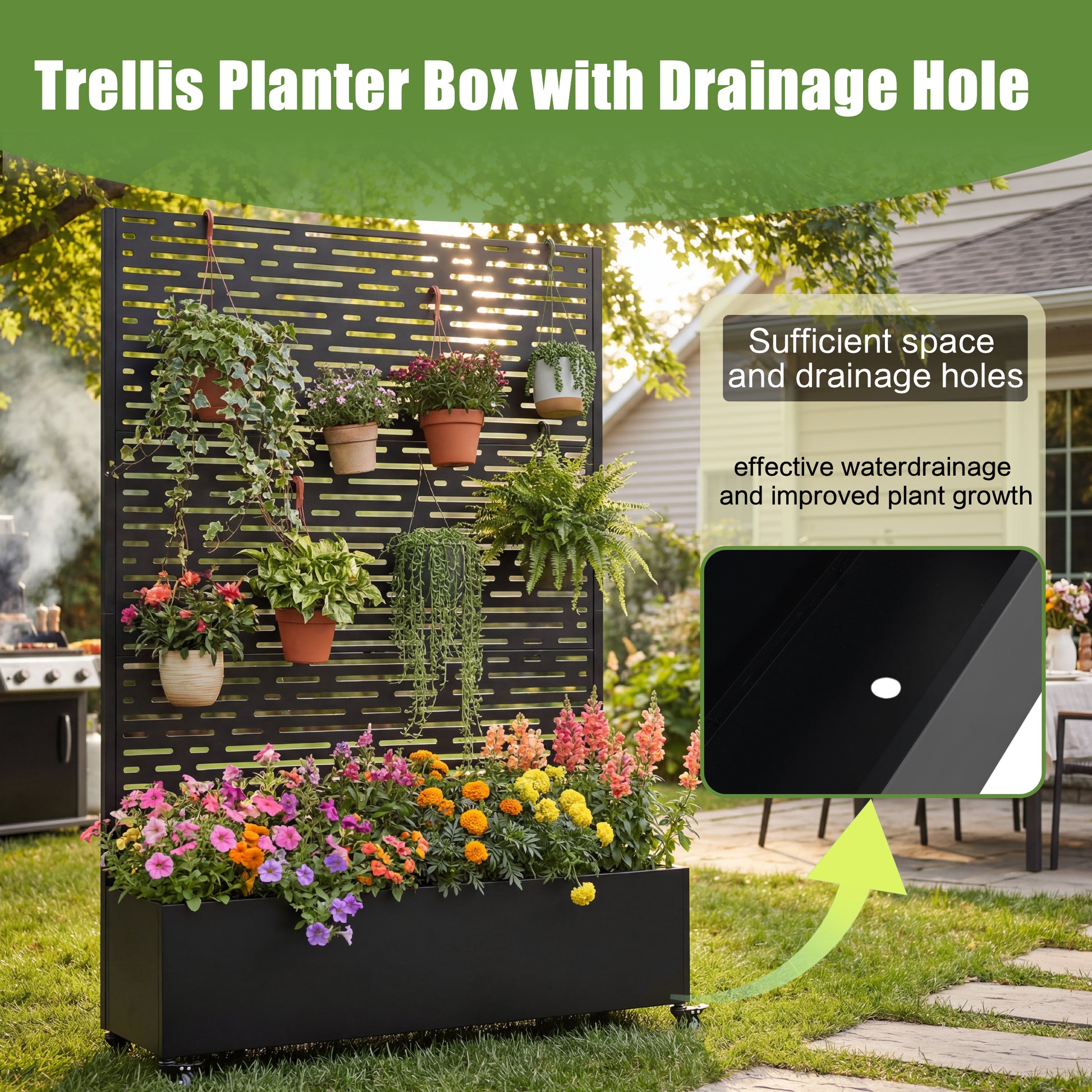 Black Metal Raised Garden Bed with Trellis and Wheels for Patio