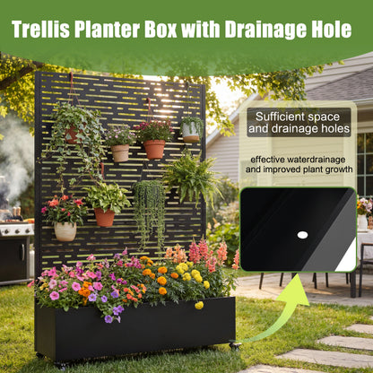 Black Metal Raised Garden Bed with Trellis and Wheels for Patio