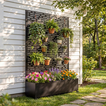Metal Raised Garden Bed with Wheels and Trellis,73"x47"x16" Planter Box for Climbing Plants, Vegetables & Vines, Features Privacy Screen and Drainage Holes