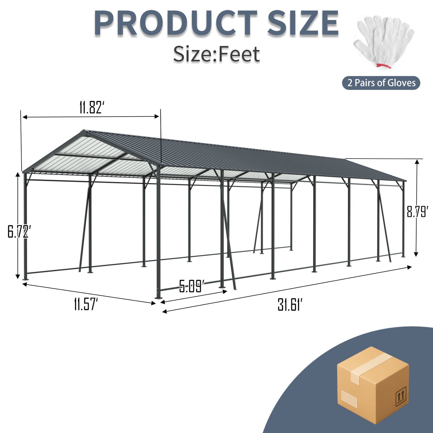 12x32 FT Heavy Duty Carport - Metal Garage with Galvanized Roof