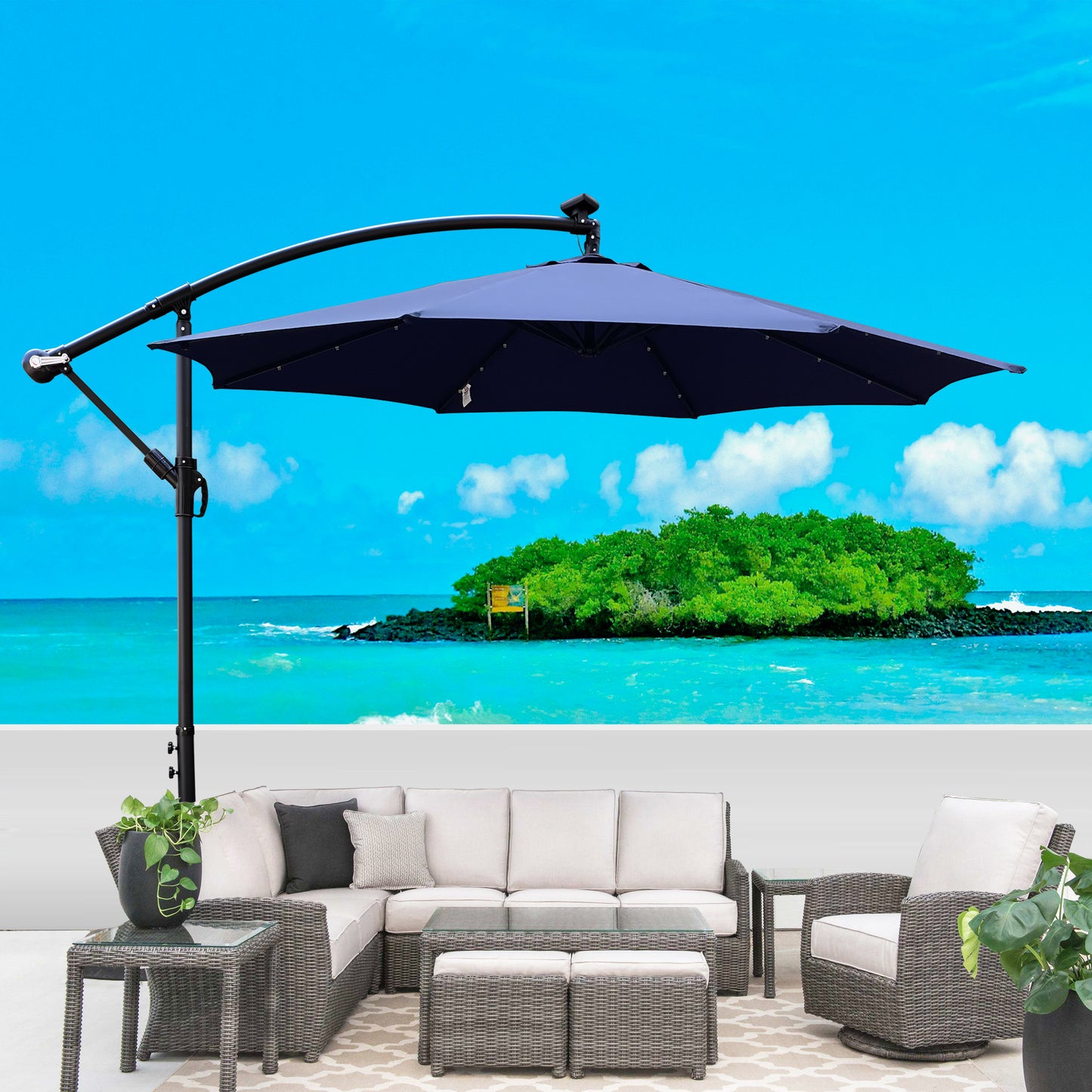 Navy Blue Solar Patio Umbrella for Poolside Garden Deck with LED Lights