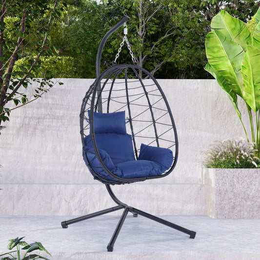 Navy Blue Rattan Egg Chair with Stand - Outdoor Patio Set