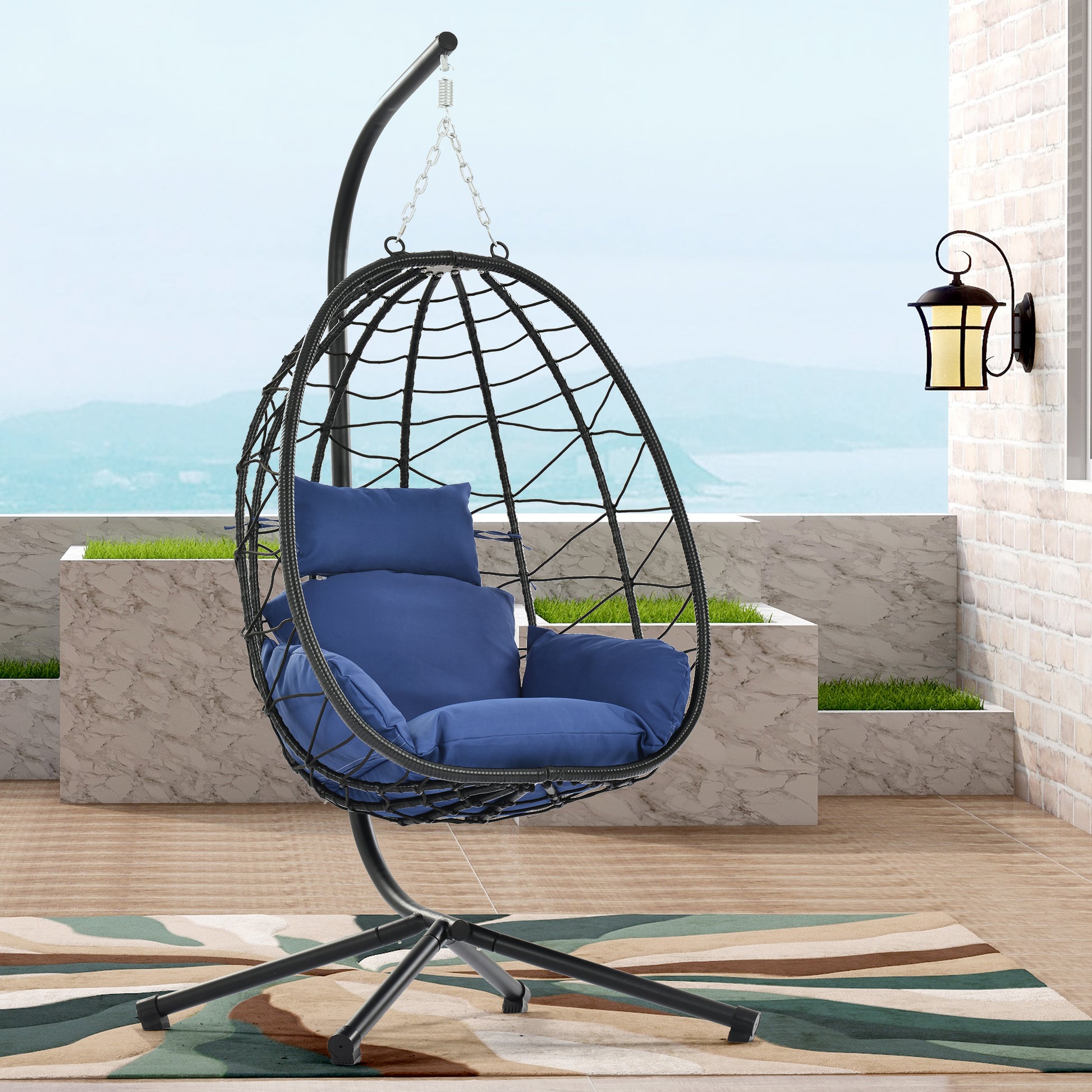 Navy Blue Rattan Egg Chair with Stand - Outdoor Patio Set