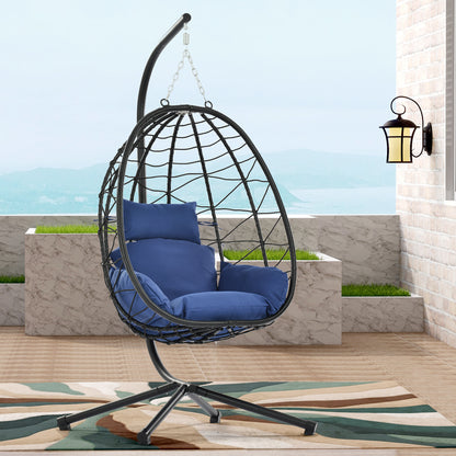 Navy Blue Rattan Egg Chair with Stand - Outdoor Patio Set