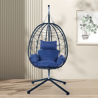 Navy Blue Rattan Egg Chair with Stand - Outdoor Patio Set