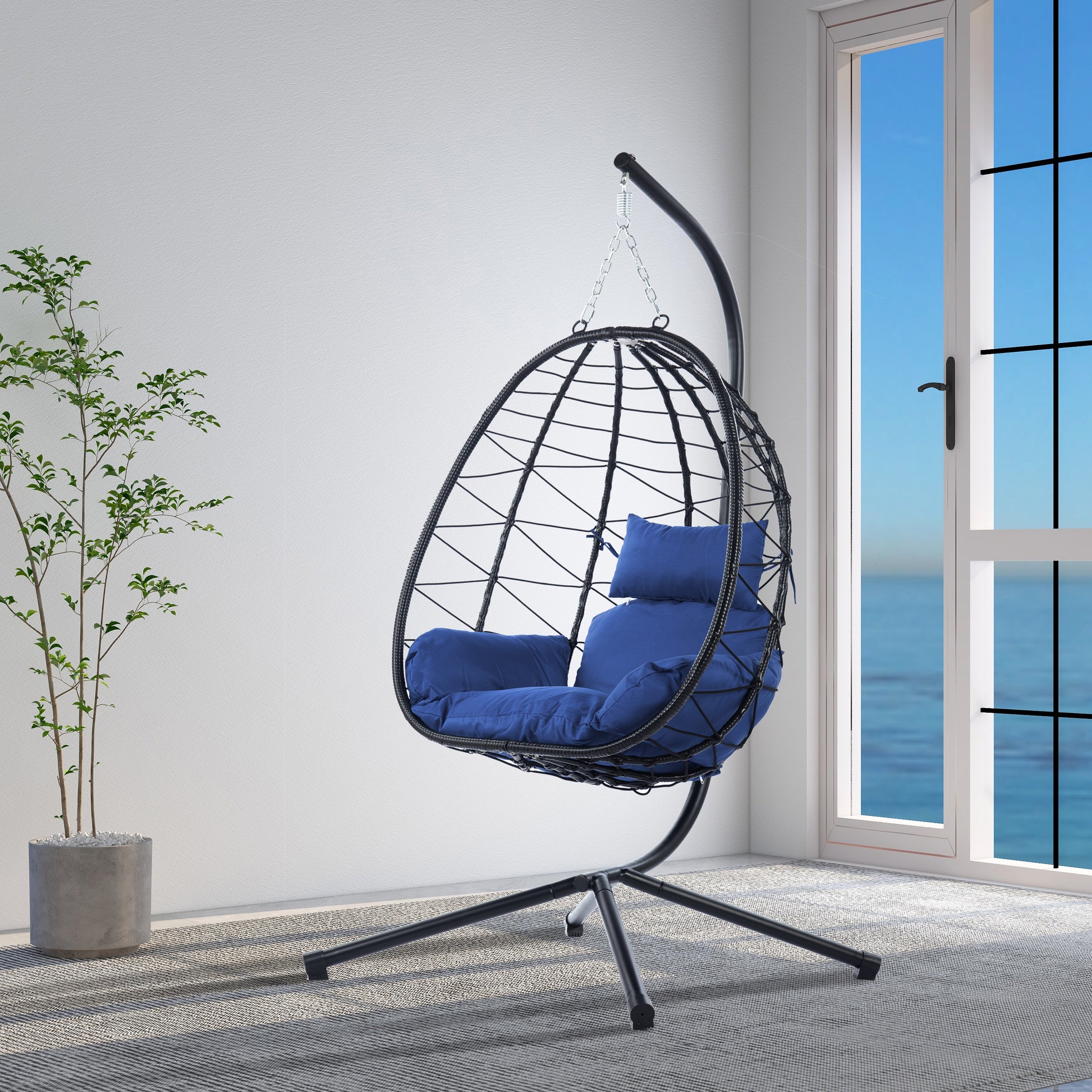 Navy Blue Rattan Egg Chair with Stand - Outdoor Patio Set