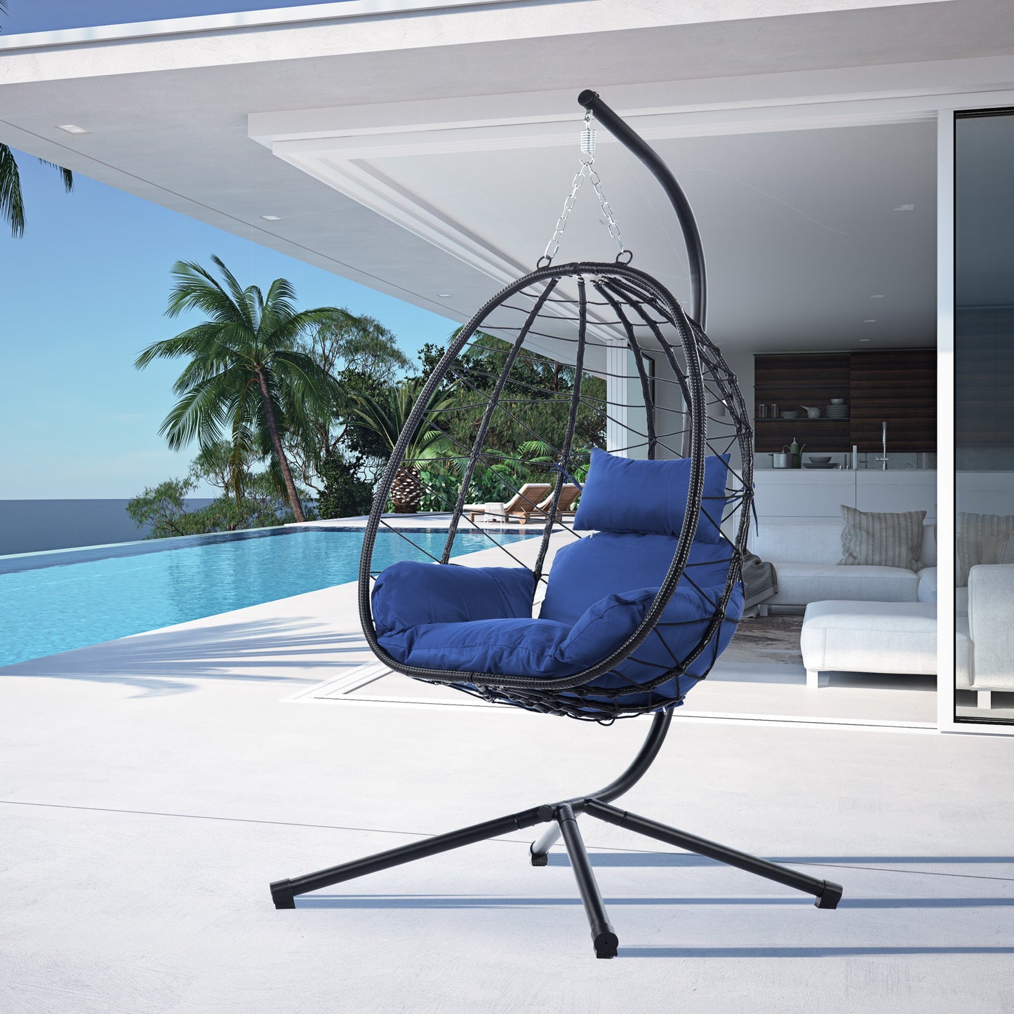 Navy Blue Rattan Egg Chair with Stand - Outdoor Patio Set