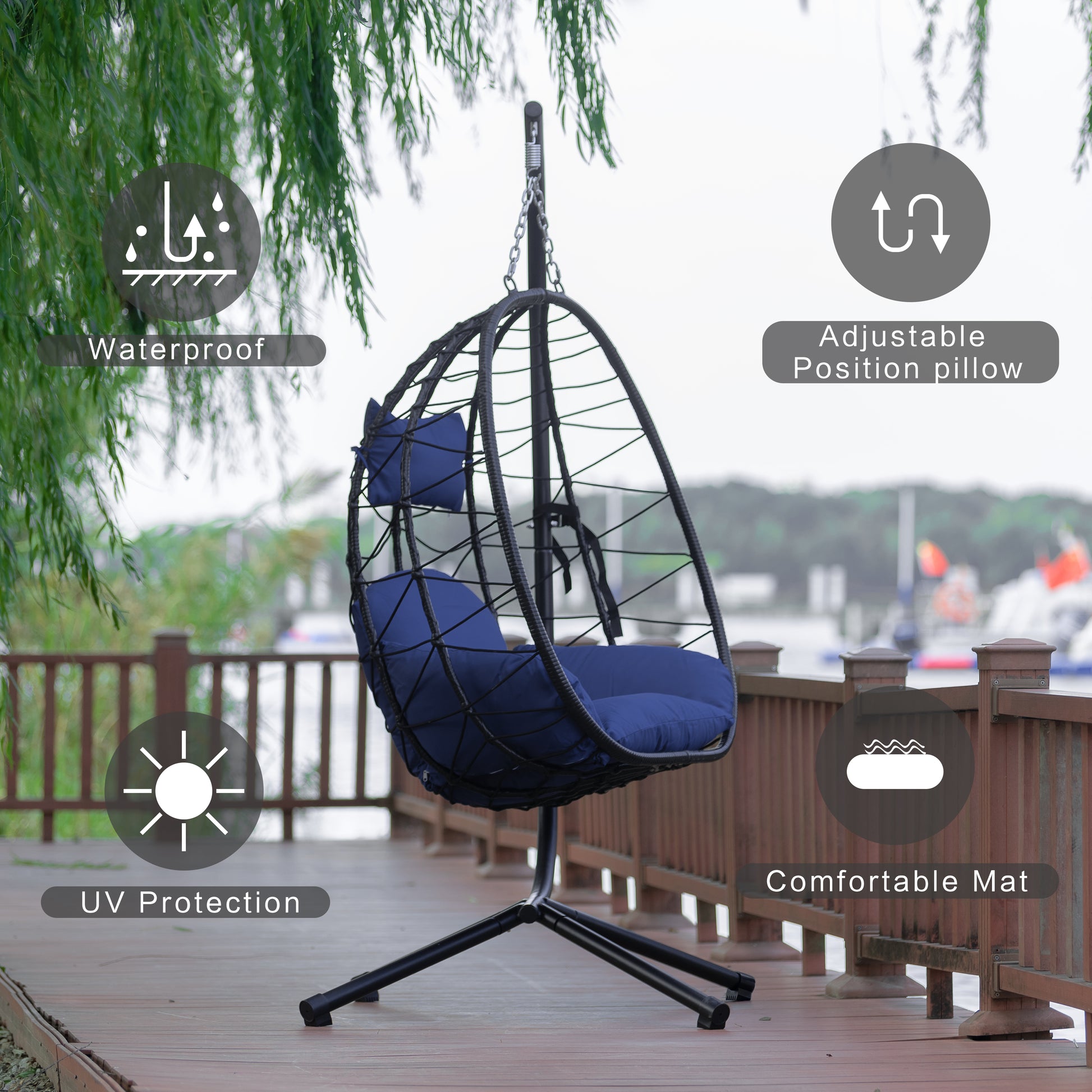Navy Blue Rattan Egg Chair with Stand - Outdoor Patio Set