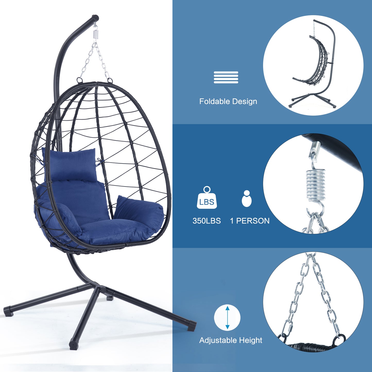 Navy Blue Rattan Egg Chair with Stand - Outdoor Patio Set