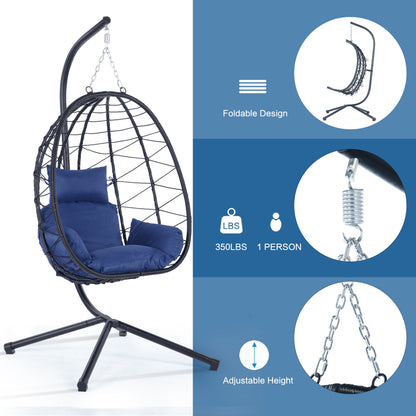 Navy Blue Rattan Egg Chair with Stand - Outdoor Patio Set