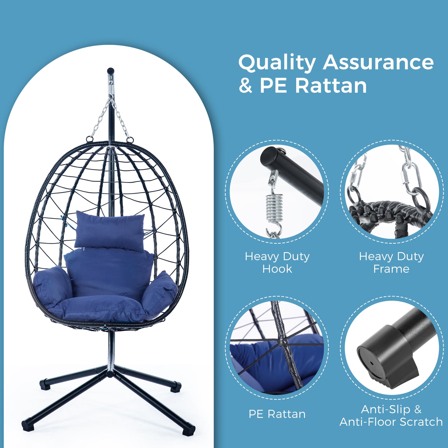 Navy Blue Rattan Egg Chair with Stand - Outdoor Patio Set