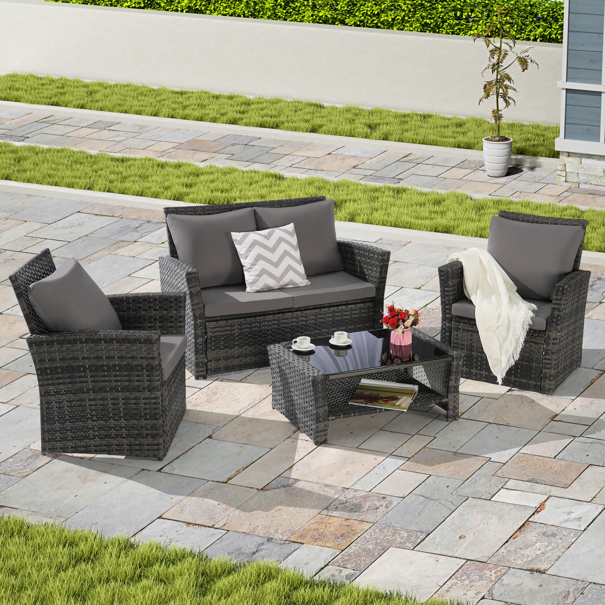 Dark Gray Outdoor Patio Set Rattan Wicker Garden Seating
