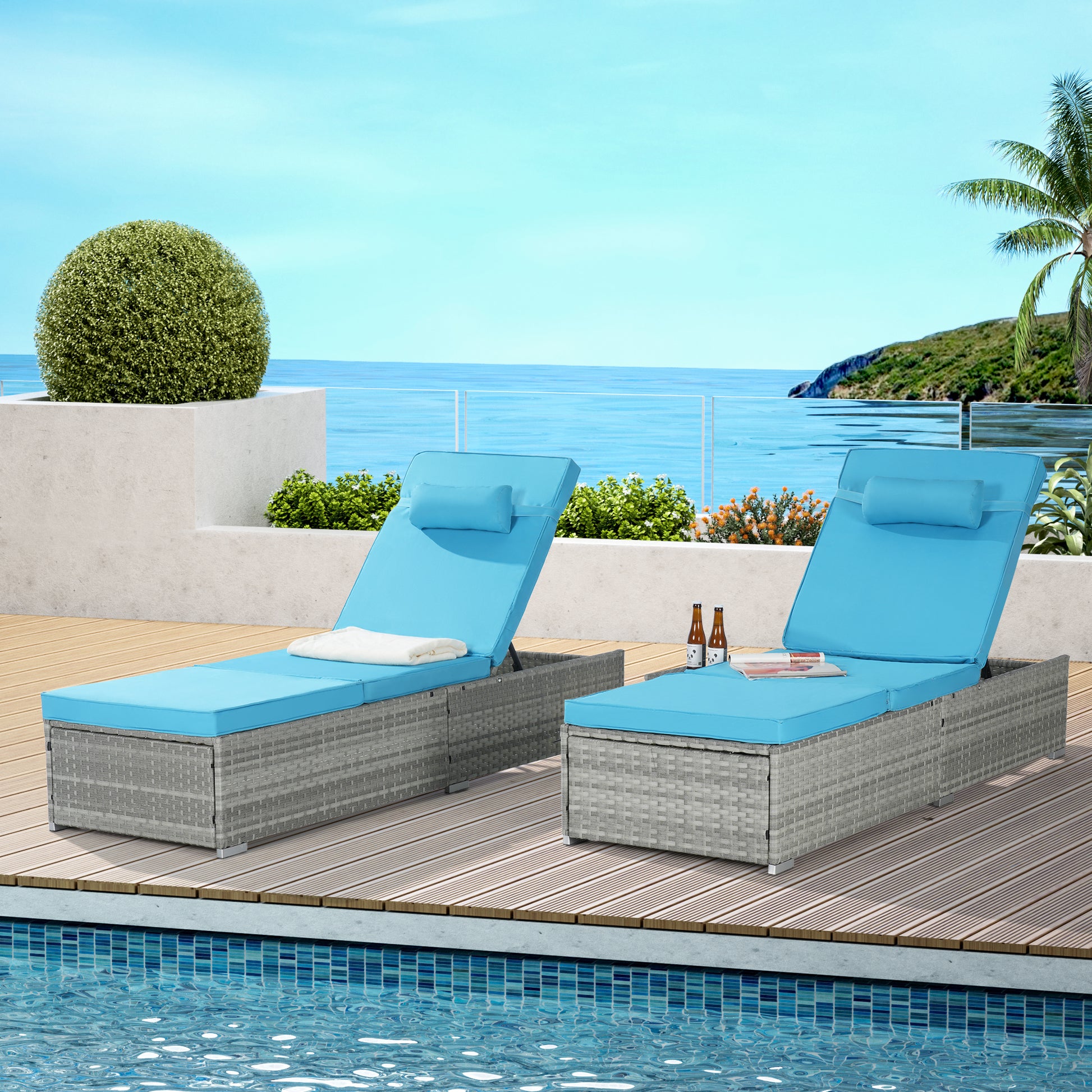 Gray PE Rattan Chaise Lounge Set for Garden Patio Relaxation