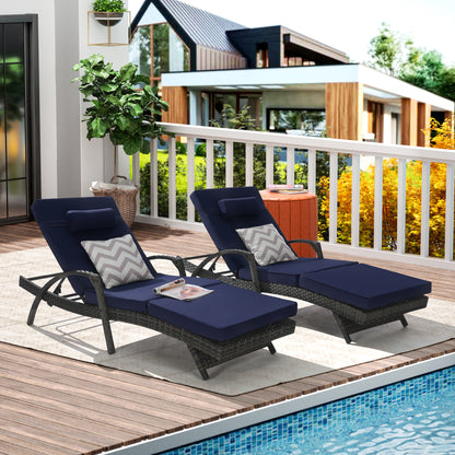 Dark Blue Wicker Reclining Chair Set of 2 with Cushions - Weather Resistant Outdoor