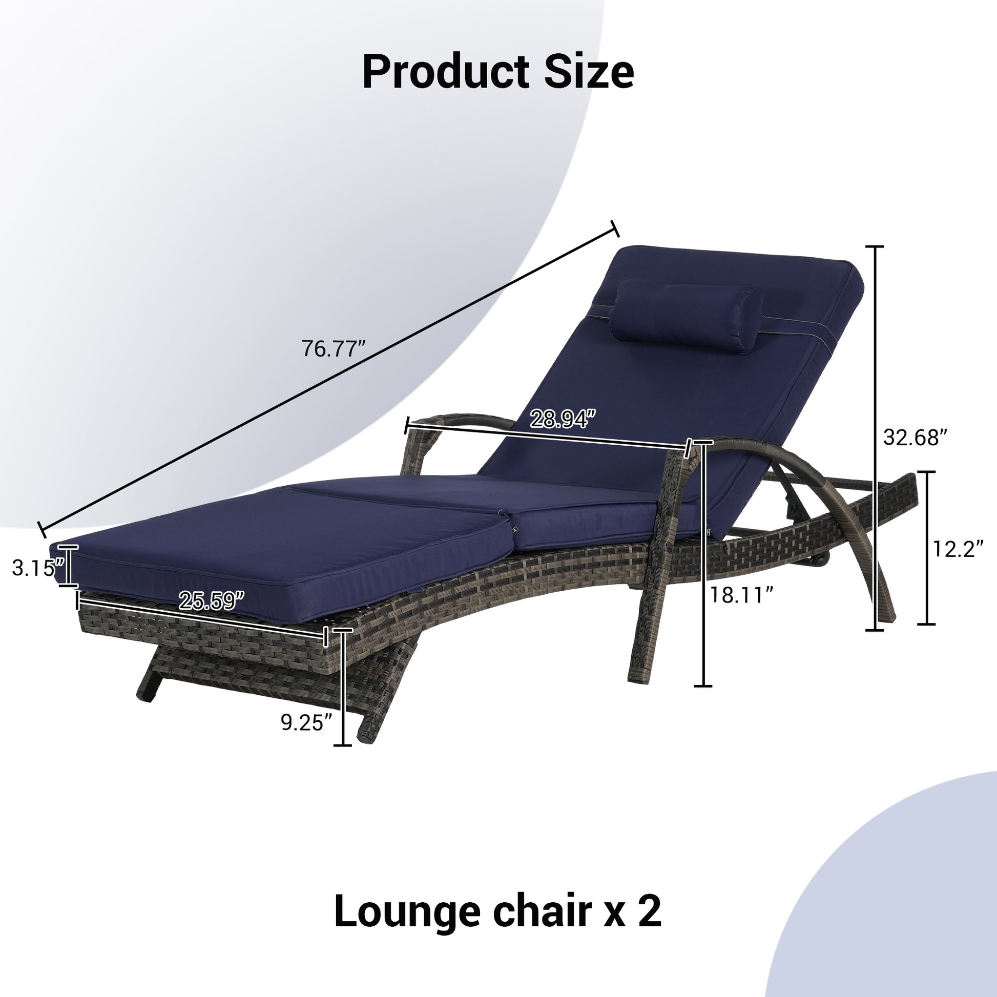 Dark Blue Wicker Reclining Chair Set of 2 with Cushions - Weather Resistant Outdoor