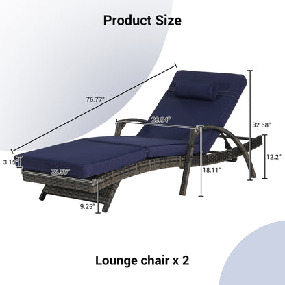 Dark Blue Wicker Reclining Chair Set of 2 with Cushions - Weather Resistant Outdoor
