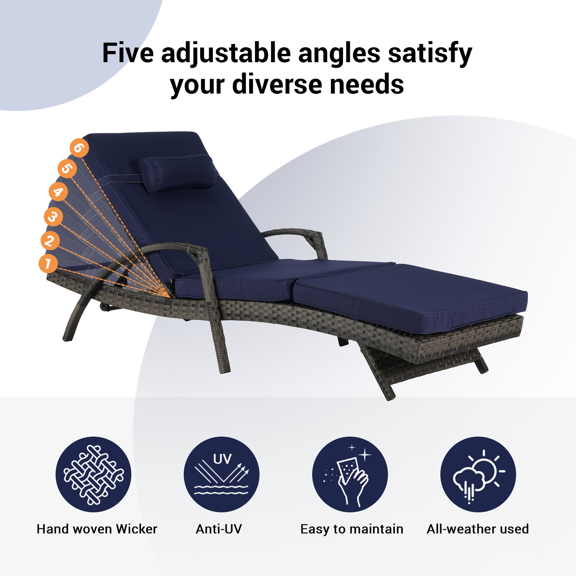 Dark Blue Wicker Reclining Chair Set of 2 with Cushions - Weather Resistant Outdoor