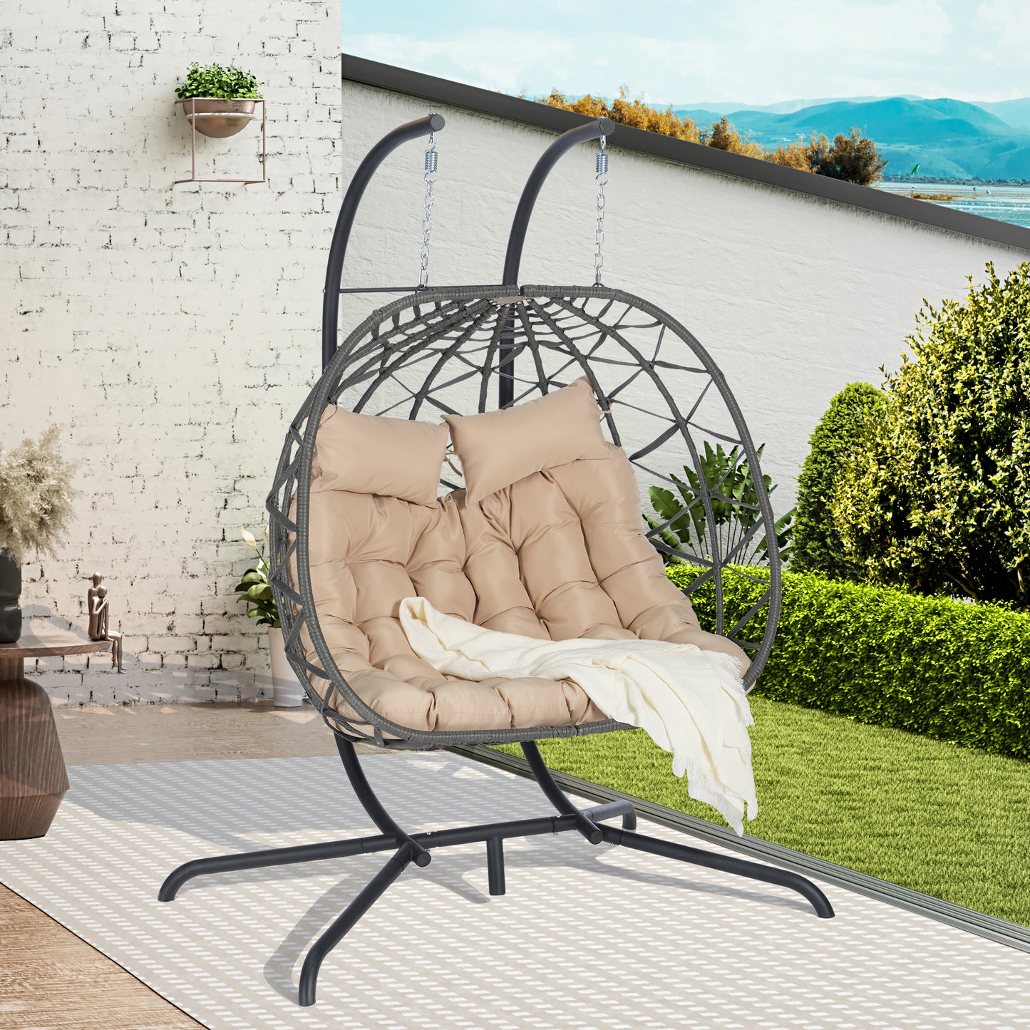 Double Egg Chair with Stand Hanging Indoor Outdoor Wicker Rattan Patio Basket Egg Swing Chair Hammock Egg Chairs with UV Resistant Cushions 600 lbs for Bedroom Balcony Patio