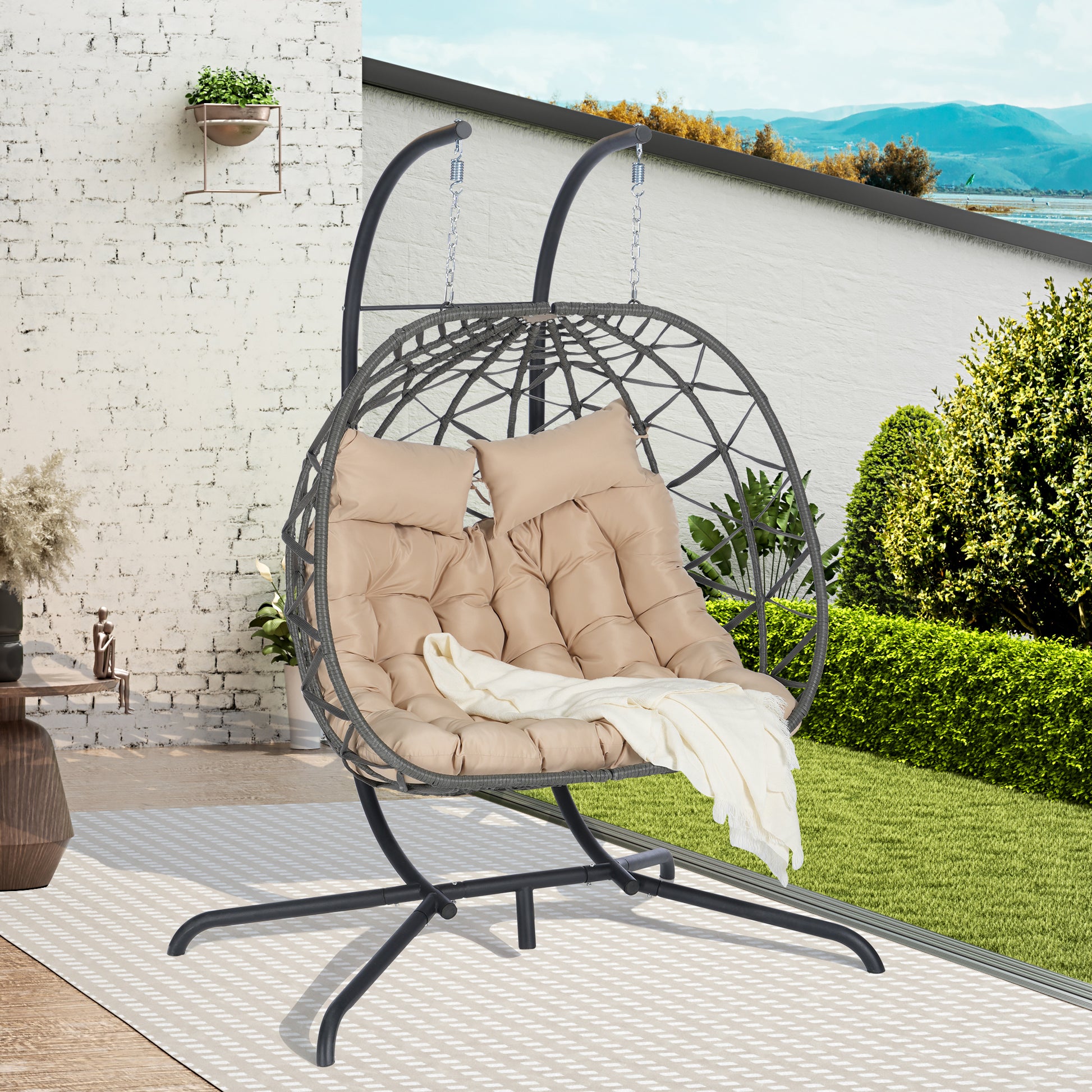 Double Egg Chair with Stand Hanging Indoor Outdoor Wicker Rattan Patio Basket Egg Swing Chair Hammock Egg Chairs with UV Resistant Cushions 600 lbs for Bedroom Balcony Patio