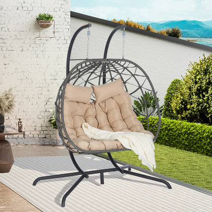 Double Egg Chair with Stand Hanging Indoor Outdoor Wicker Rattan Patio Basket Egg Swing Chair Hammock Egg Chairs with UV Resistant Cushions 600 lbs for Bedroom Balcony Patio