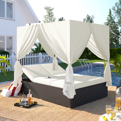 U_STYLE Outdoor Double Chaise Lounge Daybed with Curtains,Patio Outdoor Sunbed with Adjustable Backrest, Sturdy Steel Frame Loveseat Sofa for Backyard,Poolside, Terrace
