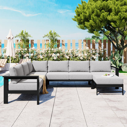 U-Shaped Outdoor Sectional Sofa - Grey Iron Frame, 5.9" Cushions