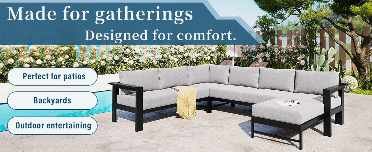 U-Shaped Outdoor Sectional Sofa - Grey Iron Frame, 5.9" Cushions