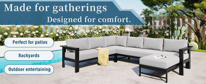 U-Shaped Outdoor Sectional Sofa - Grey Iron Frame, 5.9" Cushions