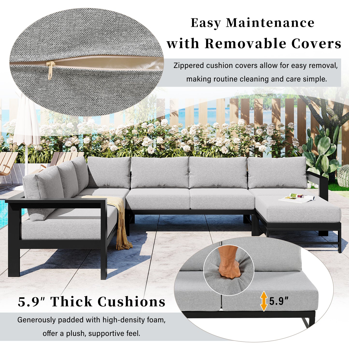 U-Shaped Outdoor Sectional Sofa - Grey Iron Frame, 5.9" Cushions