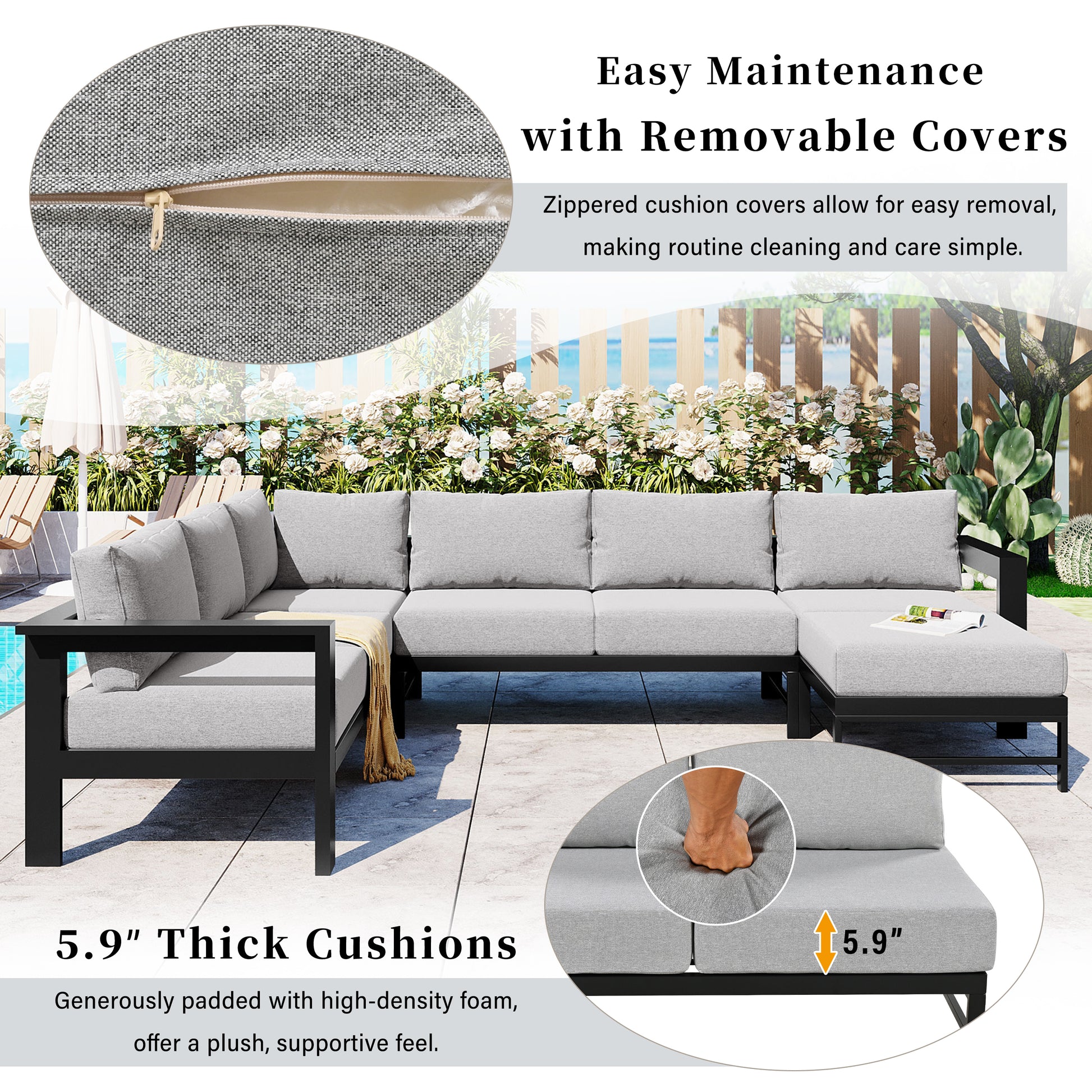 U-Shaped Outdoor Sectional Sofa - Grey Iron Frame, 5.9" Cushions