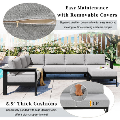 U-Shaped Outdoor Sectional Sofa - Grey Iron Frame, 5.9" Cushions