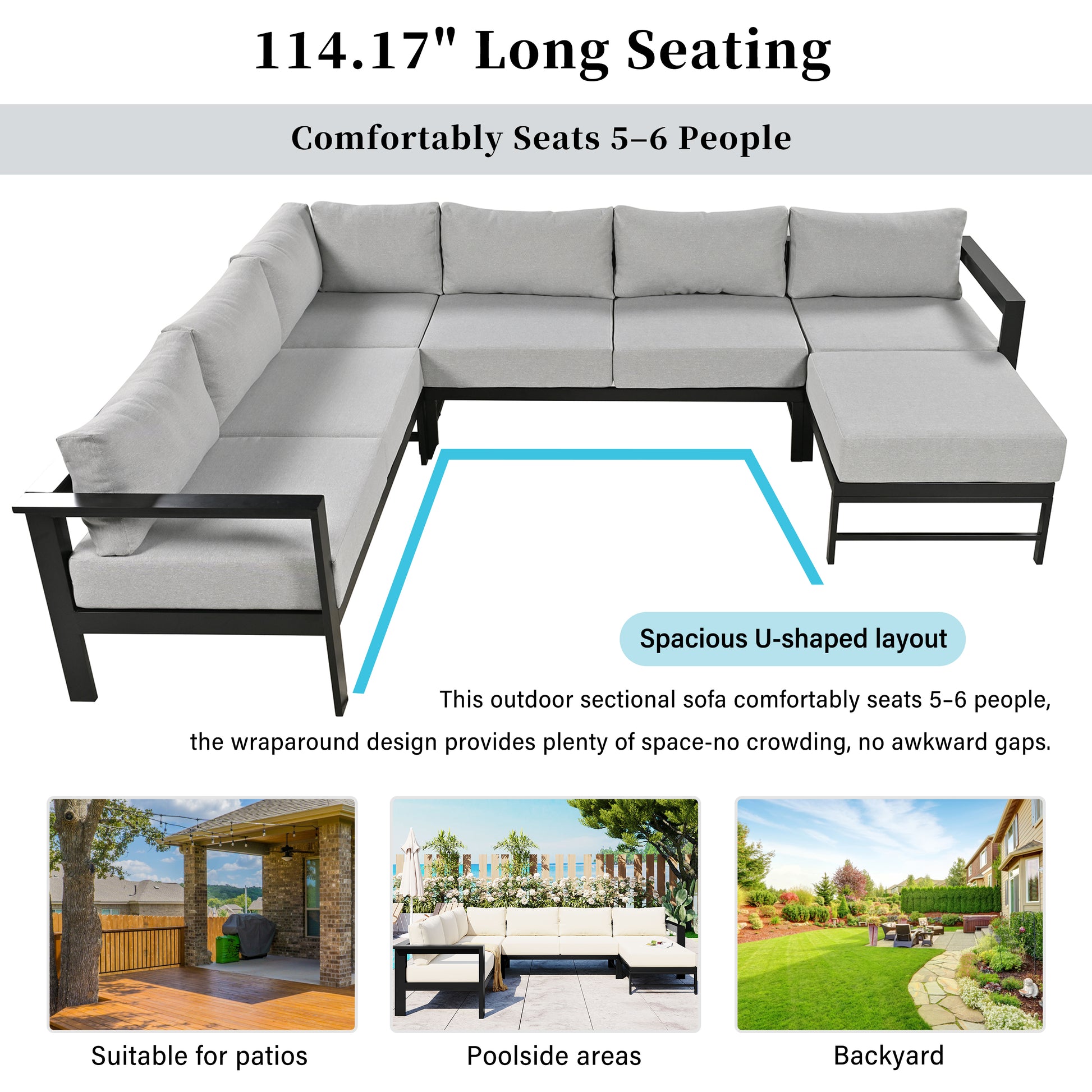 U-Shaped Outdoor Sectional Sofa - Grey Iron Frame, 5.9" Cushions