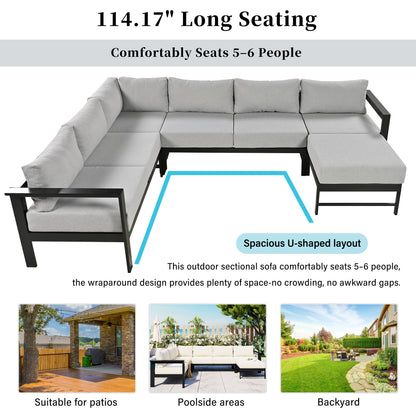 U-Shaped Outdoor Sectional Sofa - Grey Iron Frame, 5.9" Cushions