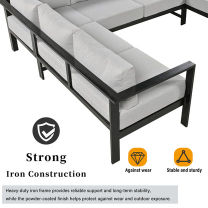 U-Shaped Outdoor Sectional Sofa - Grey Iron Frame, 5.9" Cushions